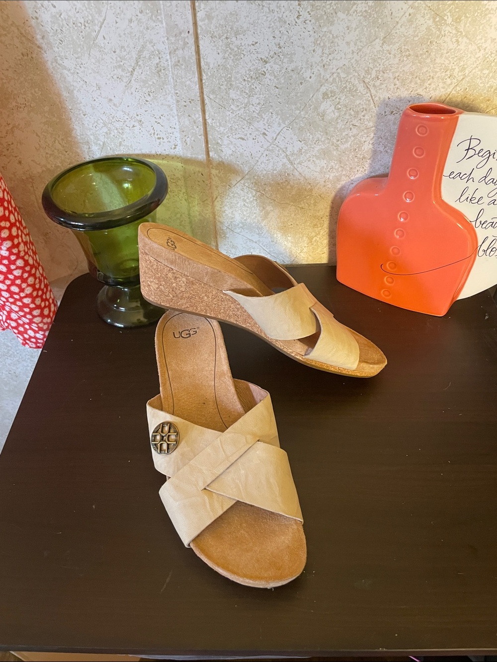UGG Tan Crisscross Cork Wedge Slide Sandals